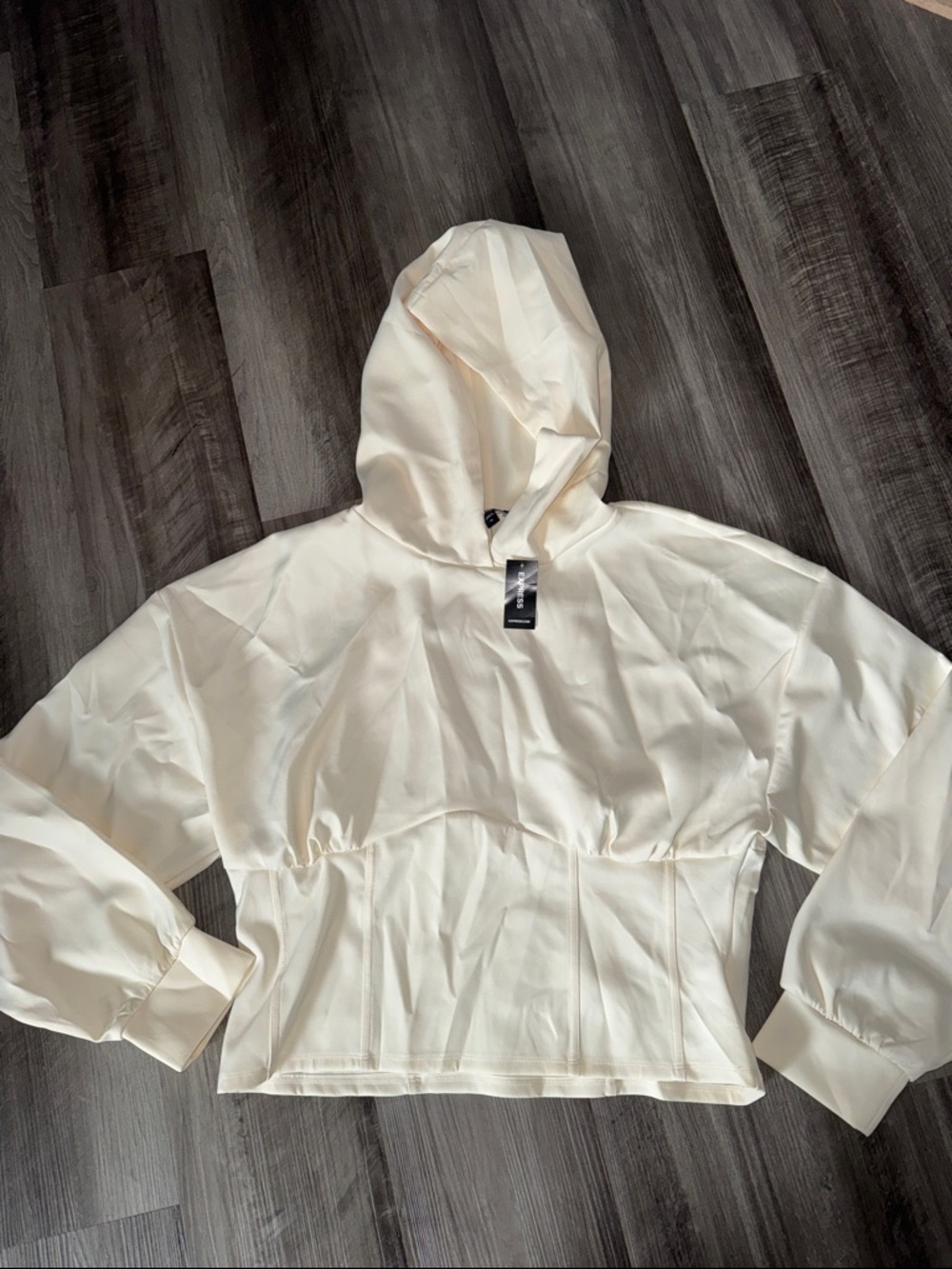 NEW Express XL cream nylon scuba corset hoodie top womens pullover long sleeve